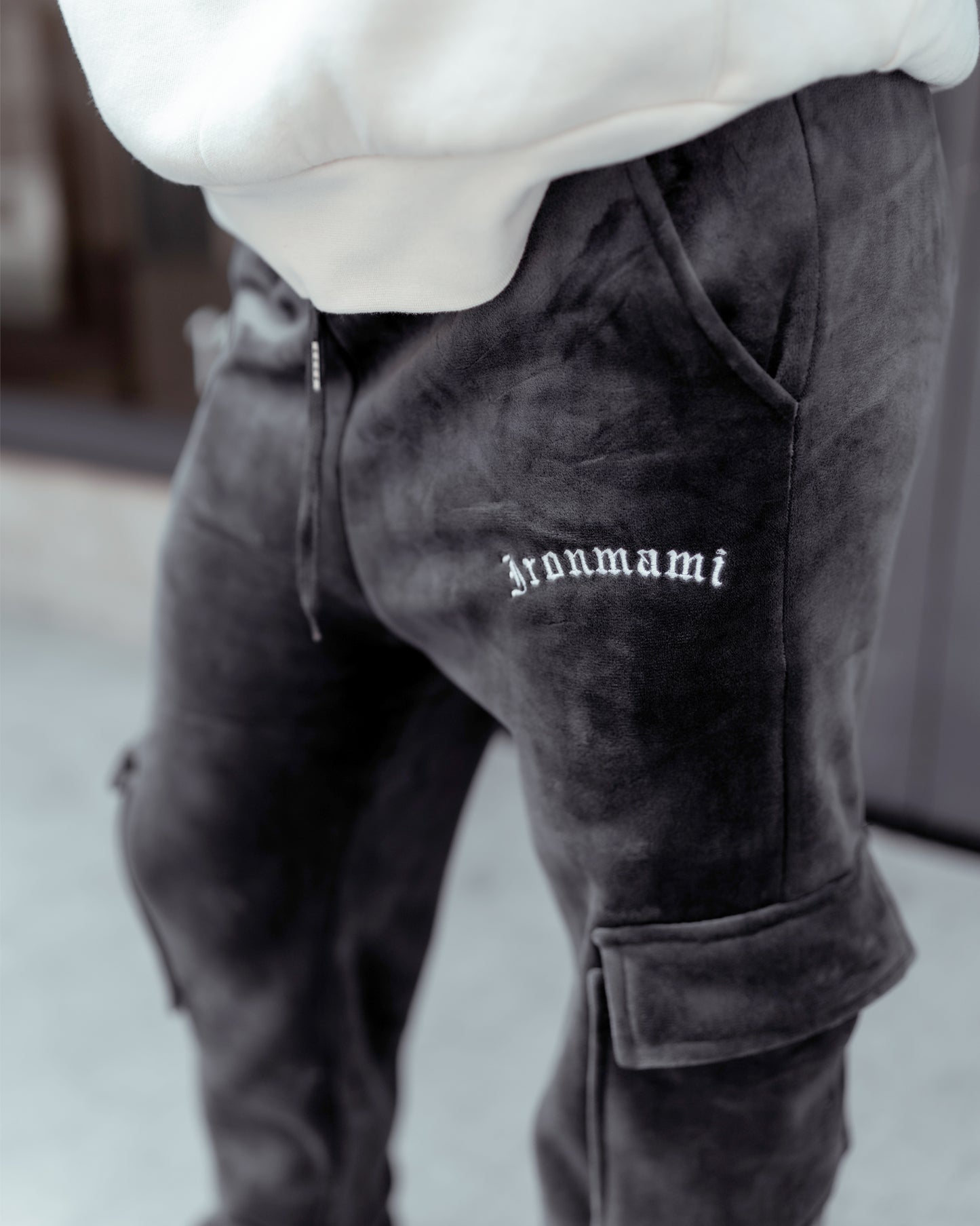 Gray Velour Iron Mami Cargo Pants