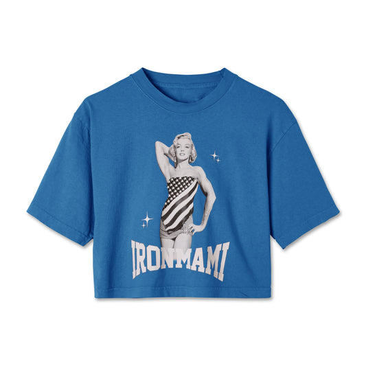 Iron Mami Cropped Graphic Tee- Light Blue